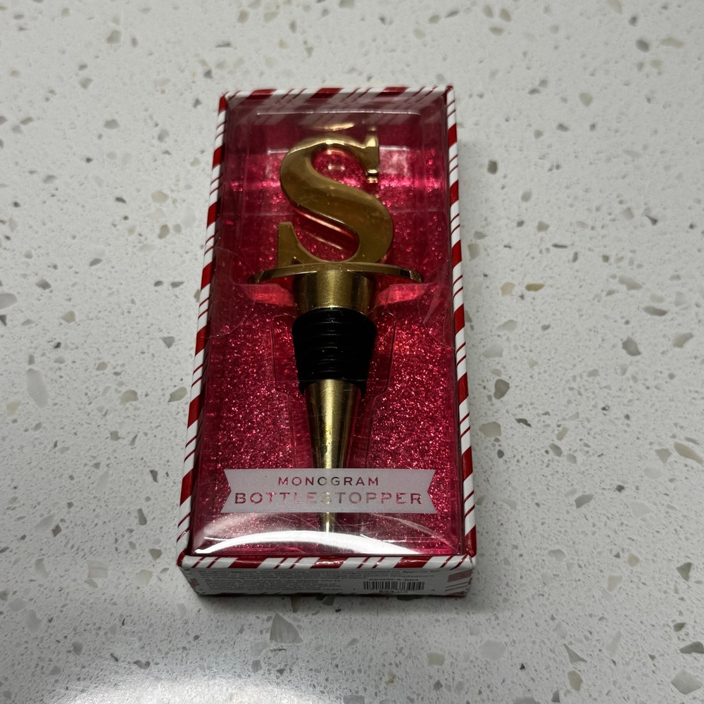 Argento SC Monogram Bottle Stopper Letter S Gold‎ Tone Holiday Gift New in Box